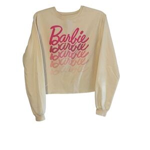 Barbie Cream Long Sleeve Crop Shirt with Pink Logo, Women’s Large